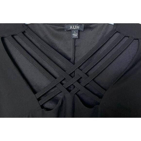 A.U.W. SHORT SLV, PULL-OVER, ROUND NECK W/ATTACHED BANDS, WOMENS, L, SOLID BLACK - Picture 2 of 9